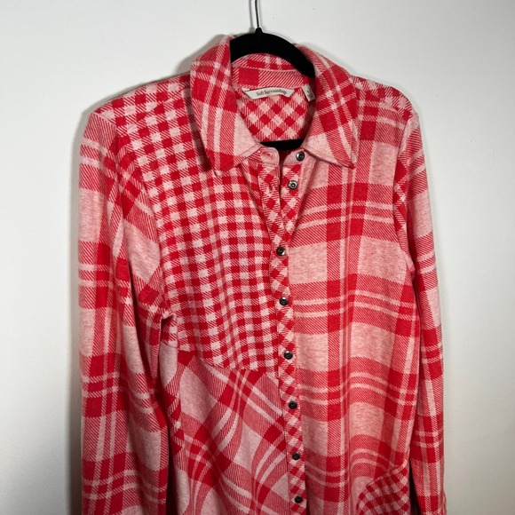Soft Surroundings Paramour Tunic Top L Plaid‎ Button Down Long Sleeve Red Ivory - Picture 5 of 7